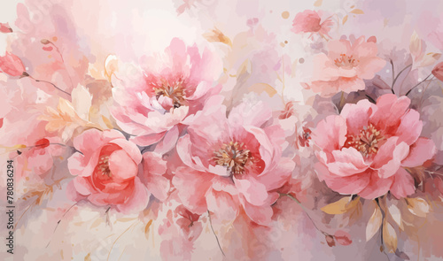 Watercolor pink gold flower abstract mural, peonies, tulips, rose, large delicate voluminous flowers, background, wallpaper, photo
