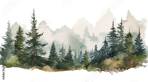 Watercolor mountains spruce trees landscape border, isolated hand drawn, watercolor illustration transparent background