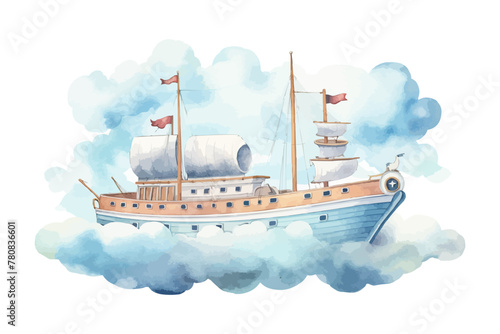 Watercolor illustration flying ship in the clouds sky, children's cute cartoon room, decor, photo wallpaper, print, poster, wall painting