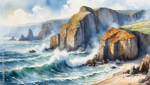 Watercolor scene capturing the rugged beauty of a windswept coastline, with dramatic cliffs and crashing waves.