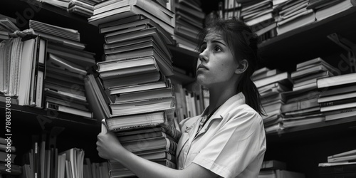 Woman holding a stack of books in a library, suitable for educational and academic concepts