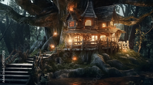 Fantasy house in forest, fairytale home in tree trunk at night