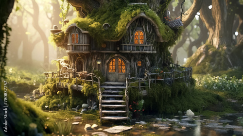 Fantasy hut of tiny forest dweller  macro view of fairy tale home