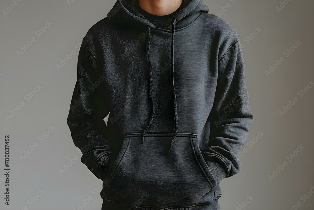 Design Mockup of a Black Male Hoodie with Long Sleeves on White Background. Concept Fashion Design, Men's Clothing, Athletic Apparel, Long Sleeve Hoodie, Mockup Design