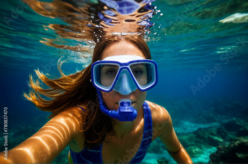 Woman with Snorkeling Goggles Snorkeling in the Sea, Underwater Portrait