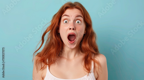 Excited young ginger American woman screaming in shock and amazement on pastel blue background 