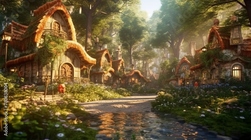 Fantasy houses in magic forest  scenery of fairy tale village