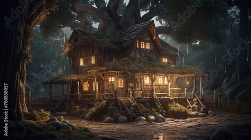 Fantasy house in forest  fairytale home in tree trunk at night