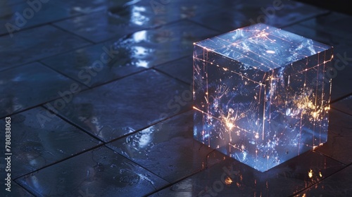 A unique ice cube glowing on a modern tiled floor, perfect for creative designs