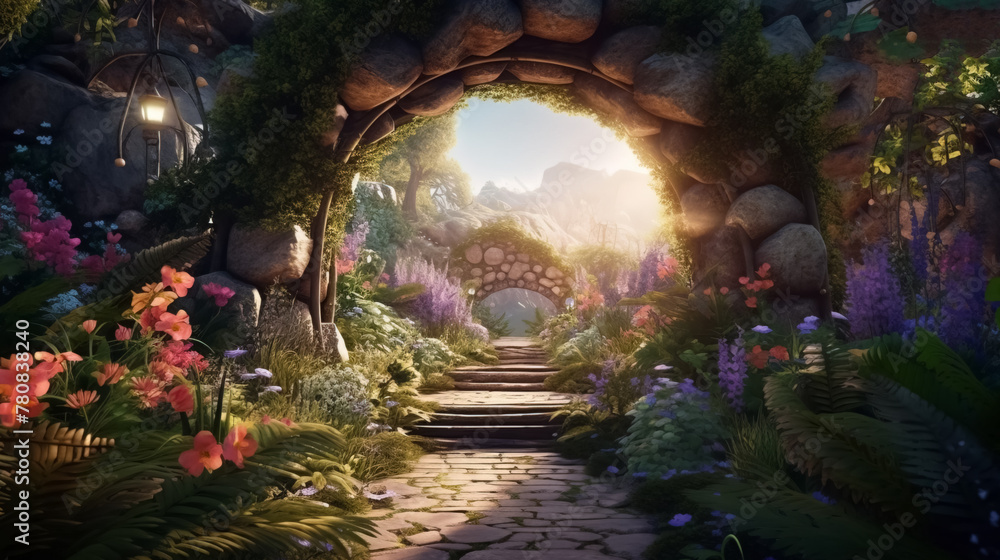 Archway in an enchanted fairy garden landscape