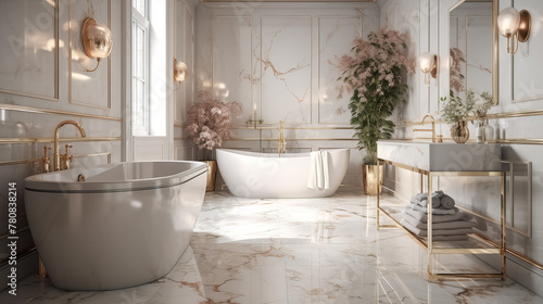 Beautiful Glamorous bathroom with marble floors and a freestanding tub