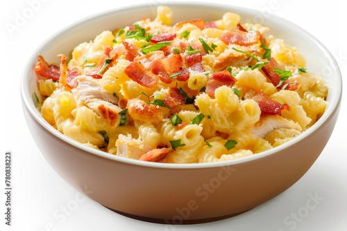 Mac and Cheese with bacon chicken on white background