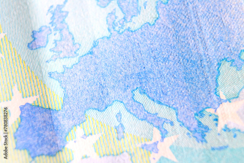 Close-up of a 20 euro banknote fragment with the map of Europe. Macro photography.