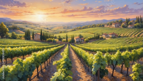 Watercolor scene depicting a lush vineyard at sunset  with rows of grapevines stretching towards the horizon.