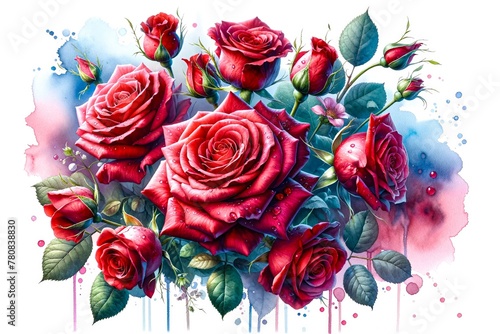 Vibrant Red Roses with Artistic Watercolor Splashes photo