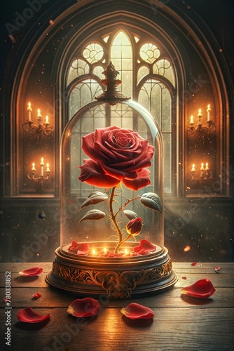 An enchanted, vivid red rose under a glass dome, set against a mystical backdrop with warm candlelight and gothic windows.
