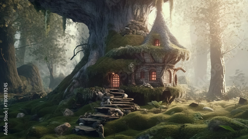 Fantasy house in misty forest, fairy tale hut in tree trunk
