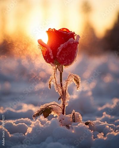 Frosted Red Rose at Sunset in Snowy Landscape. photo