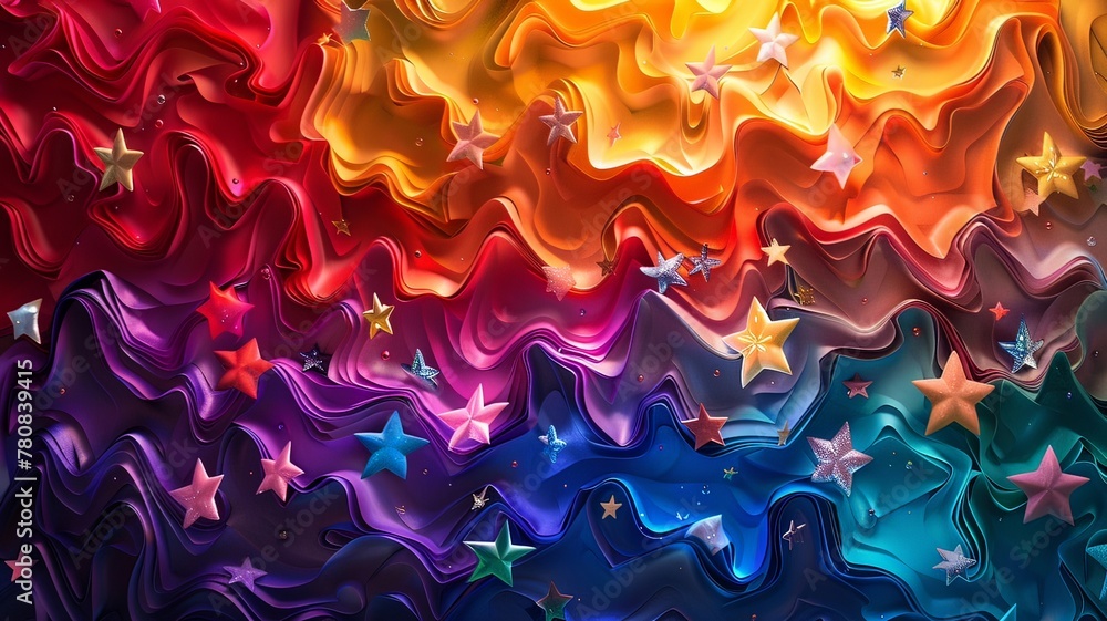 A colorful, star-filled background with a rainbow wave
