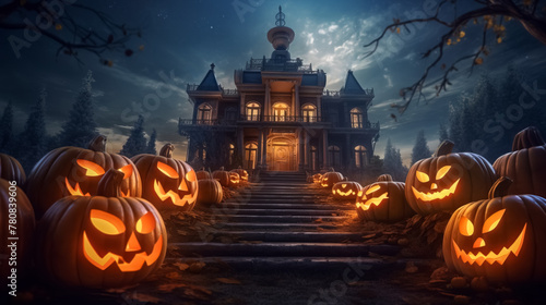 Jack O Lanterns pumpkins and candles glowing at spooky mysterious castle photo