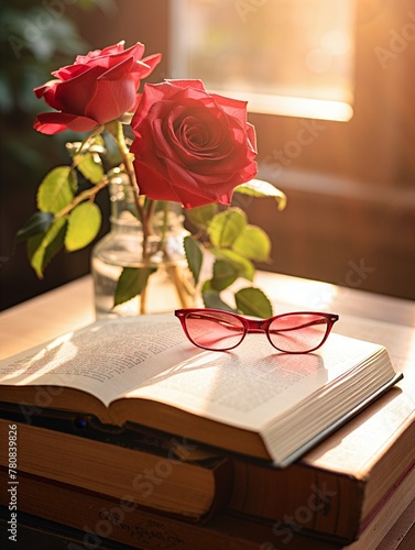 Red roses in a glass vase paired with red reading glasses on an open book, bathed in warm sunlight.
 photo