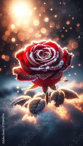 A red rose with frost on its petals against a soft bokeh background, highlighted by the sun's rays. photo