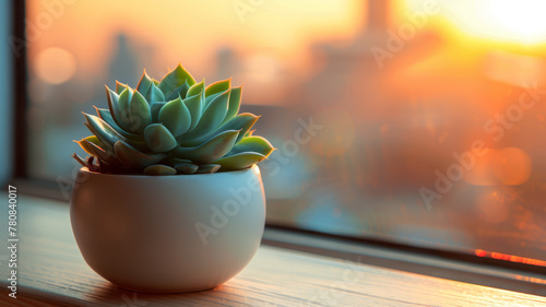 A succulent in a pot on a windowsill at sunrise