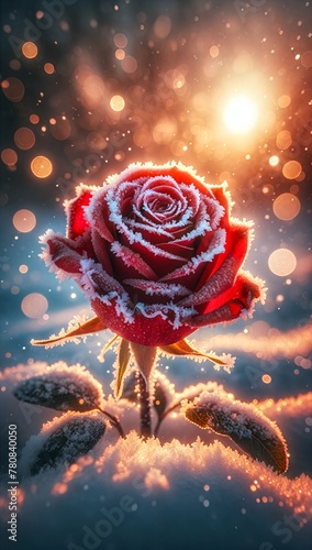 Frosted Red Rose with Sparkling Snow and Bokeh Lights photo