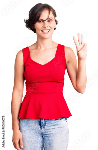 Beautiful young woman with short hair wearing casual style with sleeveless shirt showing and pointing up with fingers number three while smiling confident and happy.