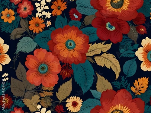 A seamless, vintage floral motif with modern, bold colors for contrast, generative AI
