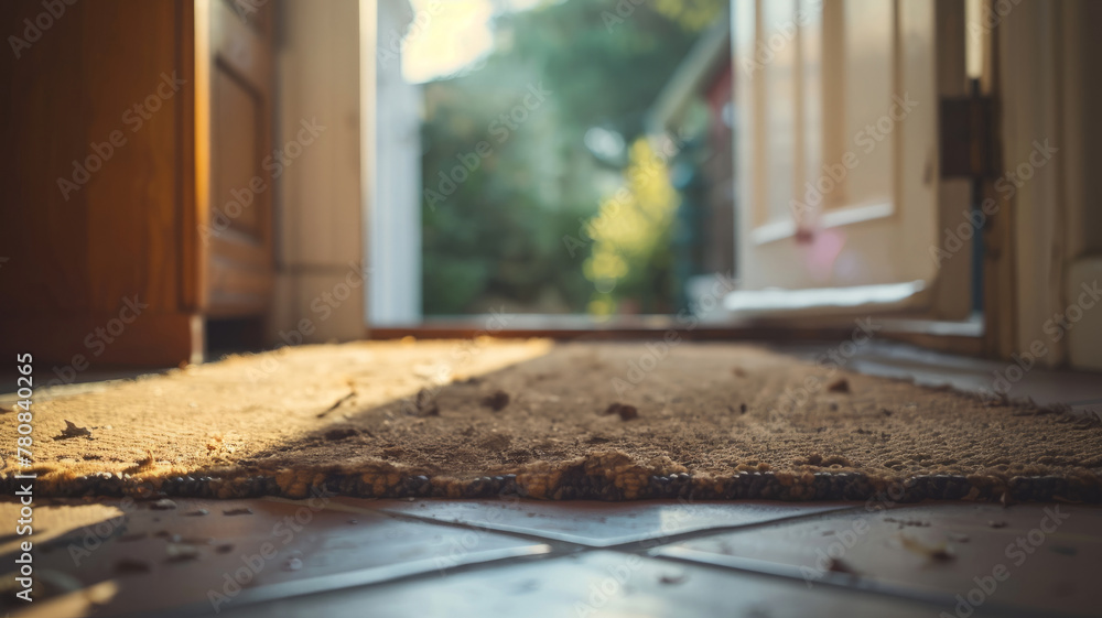 An open door with a doormat and leaves. An open door with a doormat and leaves.