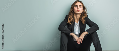 Young woman in formal clothes sitting on ground, looking helpless and unhappy. Generative AI	