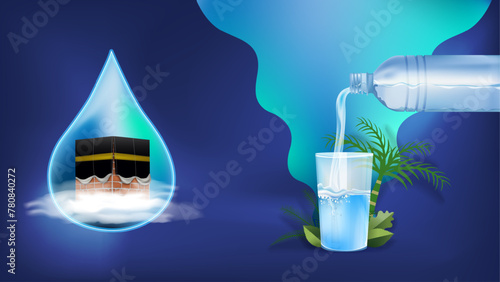 Vector illustration of Kaaba and glass of Zamzam water