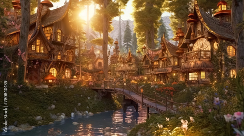 Fantasy houses in magic forest, scenery of fairy tale village