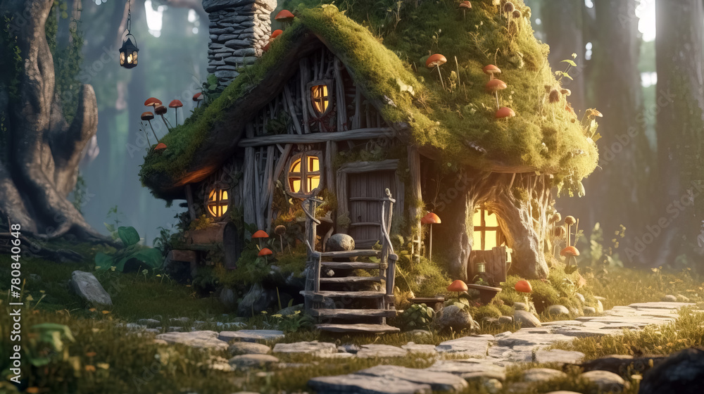Obraz premium Fantasy hut of tiny forest dweller, macro view of fairy tale home