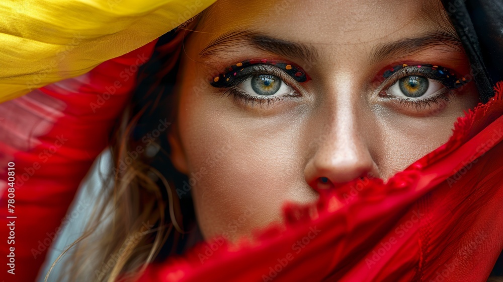 A portrait of a beautiful Belgian woman highlighted by the vibrant colors of the Belgian flag. Naturally beautiful Belgian woman in a sense of national pride. A portrait of a beautiful Belgian woman highlighted by the vibrant colors of the Belgian flag. Naturally beautiful Belgian woman in a sense of national pride.