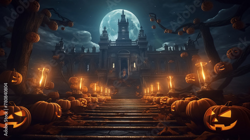 Jack O Lanterns pumpkins and candles glowing at spooky mysterious castle