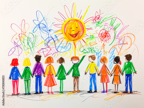 community care in the style of a children's multicolored pencil drawing