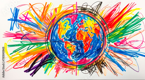 Planet, in the style of a children's multi-colored pencil drawing