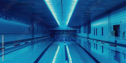 A long swimming pool in a building with blue lights. Ideal for architectural and interior design concepts