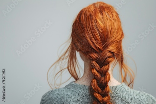 A woman with long red hair styled in a braid. Suitable for haircare products advertisement