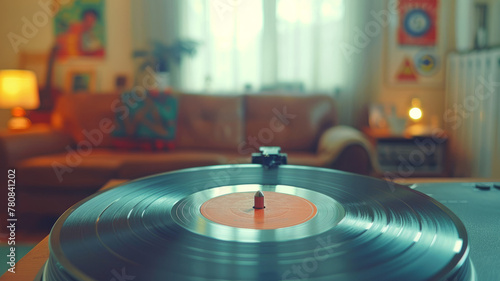 Turntable playing vinyl in a cozy room photo