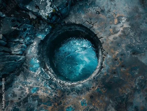 Deep blue sinkhole nestled within rugged rocks