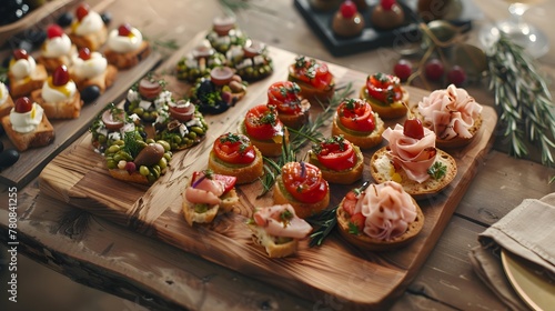 Assortment of delicious canapes on wooden board. Festive banquet service, catering food or buffet at the reception.