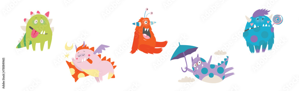 Funny Monster Character as Toothy and Hairy Mutant with Friendly Face Vector Set Funny Monster Character as Toothy and Hairy Mutant with Friendly Face Vector Set
