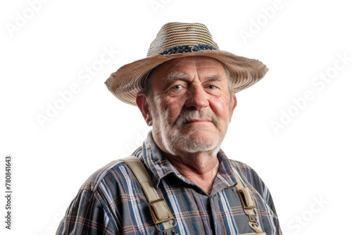 Portrait studio shot of mature senior Farmer man weaning straw hat isolated on transparent png background, person look at camera, agriculture worker.