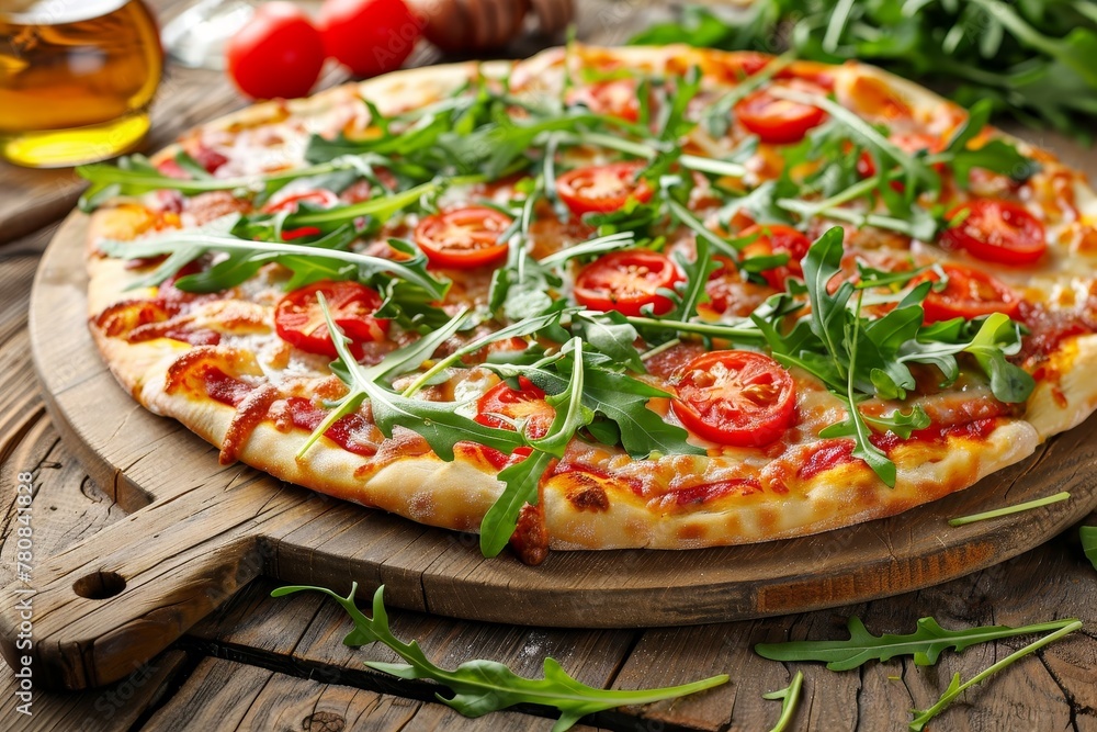 Picture of tasty veggie pizza with arugula on wood table