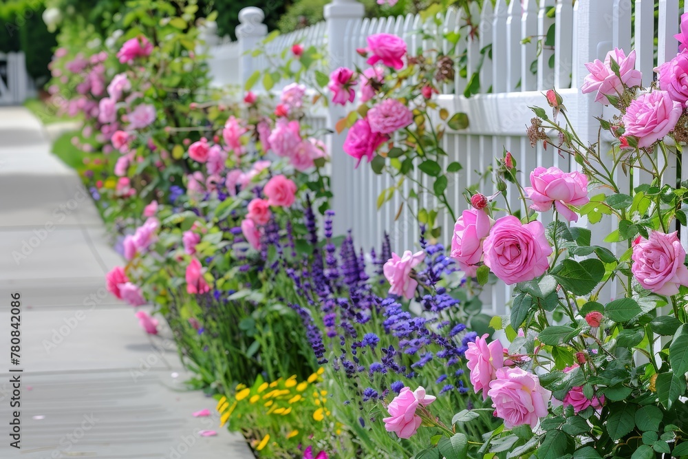 Pink climbing roses on white fence near garden path Colorful flower bed with Salvia sage catmint and lady s mantle