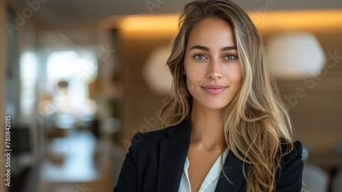 A young professional woman smiling in an office setting.