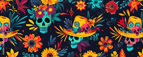 A vibrant Mexican Day of the Dead pattern featuring an intricately detailed sugar skull wearing a sombrero